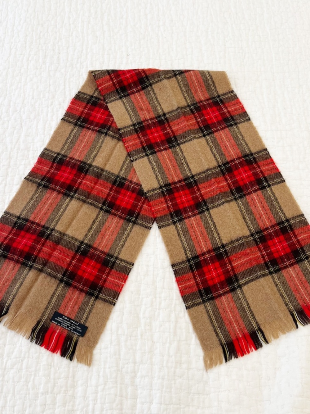 Vintage Wool Tartan Plaid Scarf Red Tan Made in Western Germany Fringe Heritage